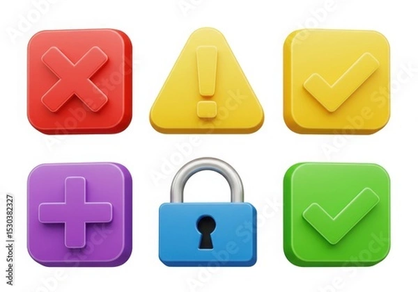 Obraz Colorful 3d symbols including check mark, lock, and plus sign