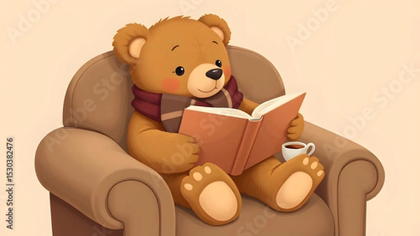 Fototapeta Cozy plush cartoon bear wearing a scarf and reading a big book with a cup of tea by his side. 