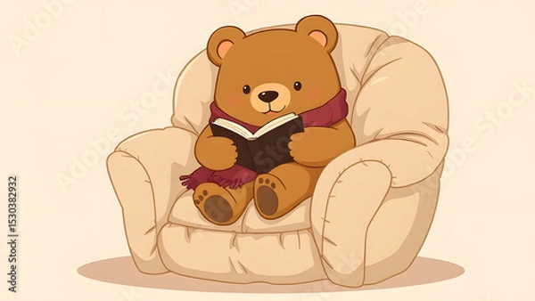 Fototapeta Cozy plush cartoon bear wearing a scarf and reading a big book with a cup of tea by his side. 