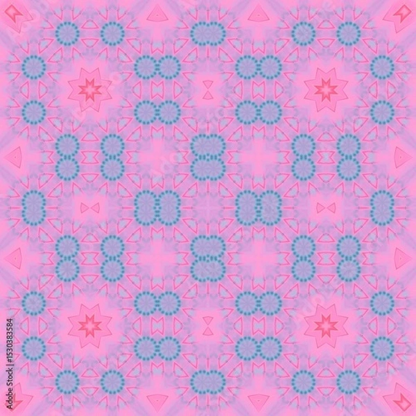 Fototapeta Seamless kaleidoscope floral pattern soft pink and blue floral kaleidoscope with geometric shapes, creating a symmetrical and repeating design for fabric, wallpaper, and backgrounds