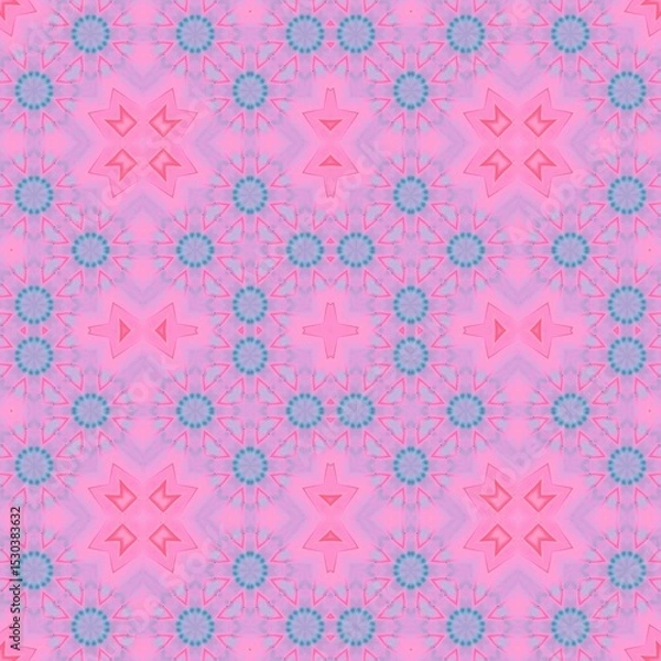 Fototapeta Seamless kaleidoscope floral pattern soft pink and blue geometric floral shapes create a symmetrical, repeating design, perfect for a delicate and vibrant design for fabric, wallpaper, and backgrounds