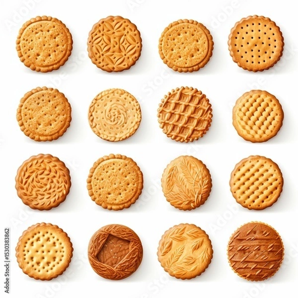 Fototapeta Assortment of Delicious Cookies and Crackers, Variety of Flavors and Textures Isolated on White