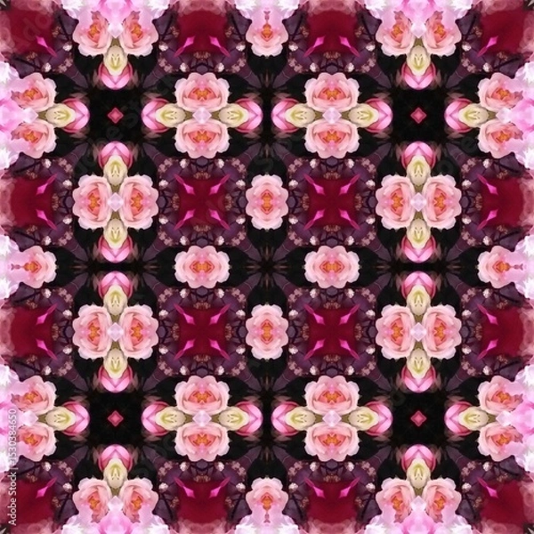 Fototapeta Seamless kaleidoscope floral pattern symmetrical arrangement of pink roses and burgundy accents creates a visually captivating and intricate design for fabric, wallpaper, and backgrounds