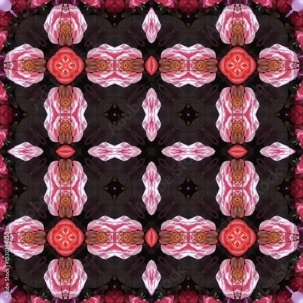 Fototapeta Seamless kaleidoscope floral pattern symmetrical arrangement of pink and red roses creating a mesmerizing floral kaleidoscope, a decorative design for fabric, wallpaper, and backgrounds