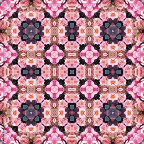 Fototapeta Seamless kaleidoscope floral pattern a mesmerizing display of pink roses arranged in a symmetrical, repeating pattern, creating a captivating floral design for fabric, wallpaper, and backgrounds
