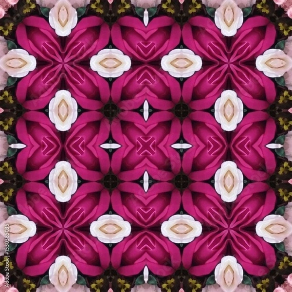 Fototapeta Seamless kaleidoscope floral pattern symmetrical arrangement of deep pink and white flowers creating a mesmerizing, repeating design for fabric, wallpaper, and backgrounds