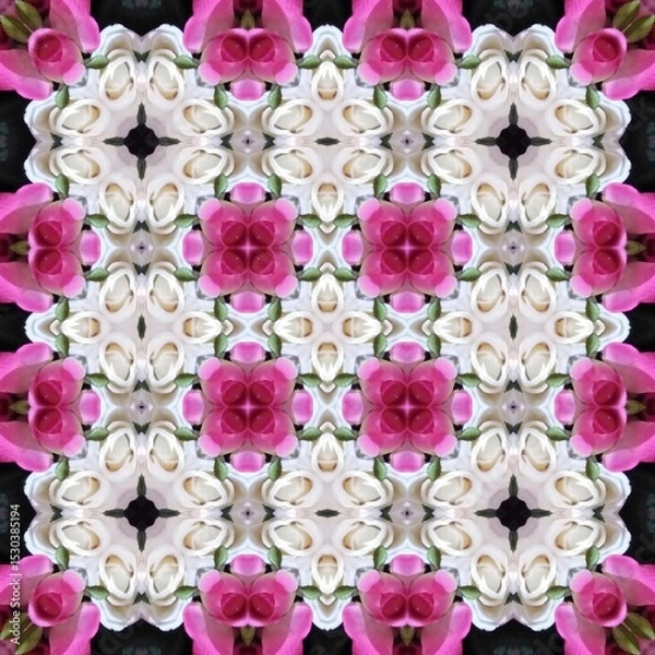 Fototapeta Seamless kaleidoscope floral pattern a symmetrical dance of pink and white roses creates an intricate, repeating floral design for fabric, wallpaper, and backgrounds