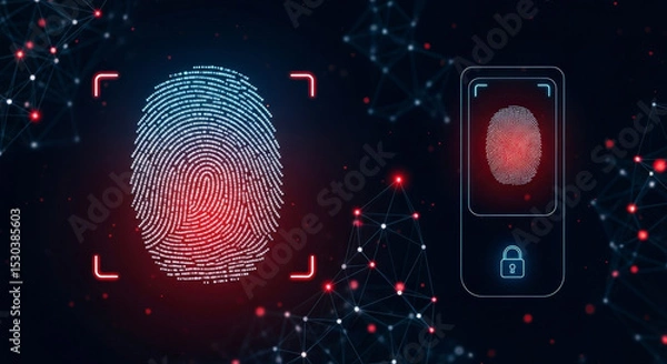 Fototapeta Digital Fingerprint Authentication On Black Background With Red And Blue Glow And Connected Lines