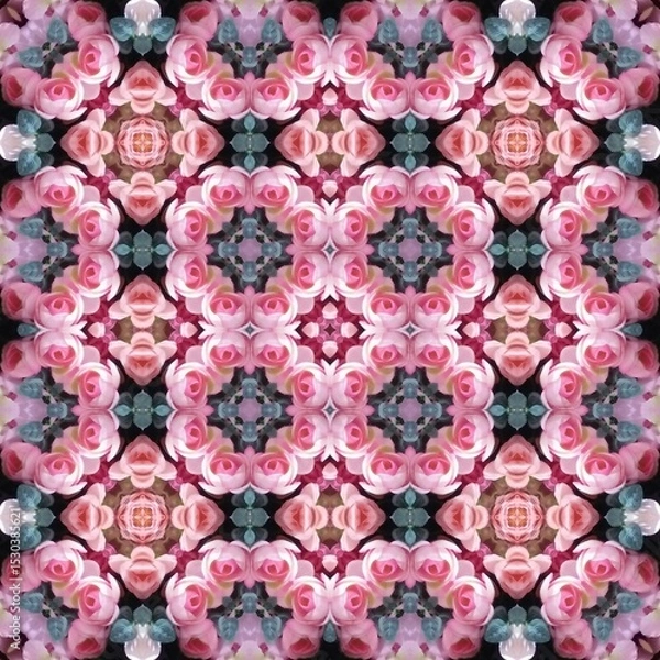 Fototapeta Seamless kaleidoscope floral pattern a symmetrical arrangement of pink roses and soft teal accents creates a mesmerizing and romantic design for fabric, wallpaper, and backgrounds