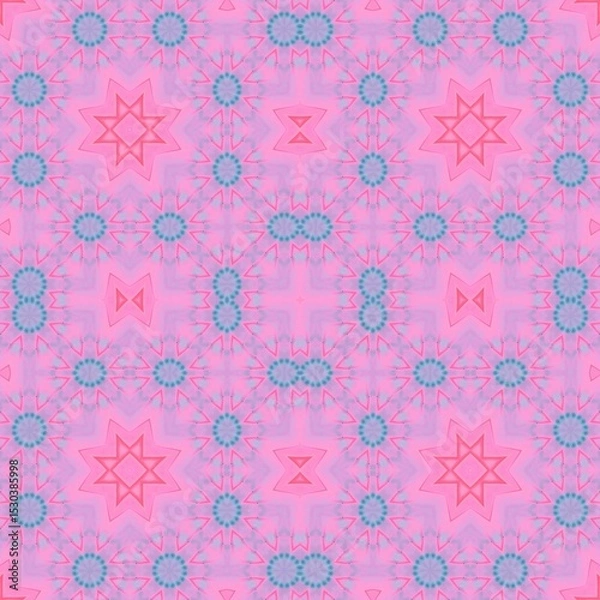 Fototapeta Seamless kaleidoscope floral pattern soft pink and blue floral kaleidoscope with star and geometric shapes, a symmetrical design for fabric, wallpaper, and backgrounds