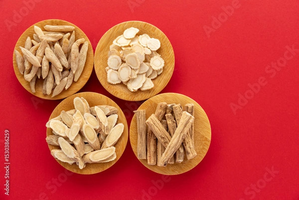 Fototapeta Traditional Chinese Medicine Yuanqi Four Treasures Tea, including Codonopsis pilosula, Astragalus membranaceus, American ginseng, and Ophiopogon japonicus