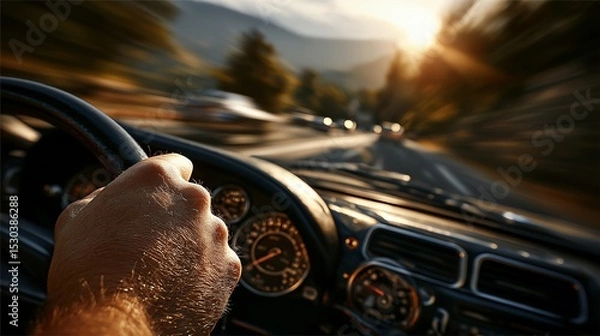 Fototapeta Driving through winding roads at sunset in a vintage car, capturing the thrill of the journey