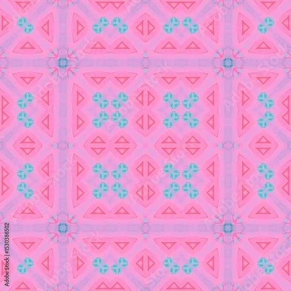 Fototapeta Seamless kaleidoscope floral pattern soft pink and turquoise geometric shapes create a symmetrical, repeating floral design for fabric, wallpaper, and backgrounds