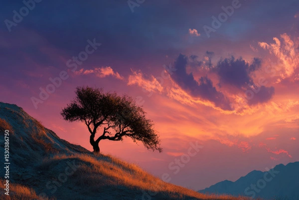 Obraz Single lone tree on sloped hill at sunset with colorful sky and dramatic clouds in background. Concept of solitude and serenity in nature