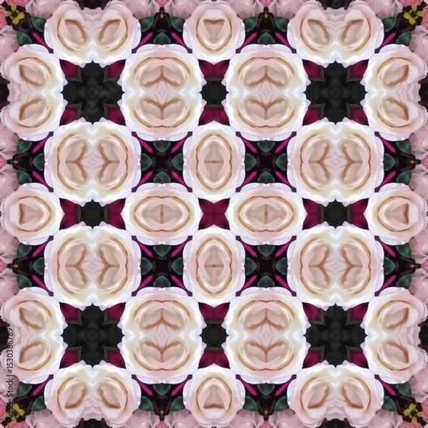 Fototapeta Seamless kaleidoscope floral pattern symmetrical arrangement of pale roses with dark accents, creating a mesmerizing and romantic design for fabric, wallpaper, and backgrounds