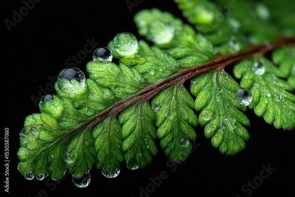 Obraz Green fern leaf with transparent water droplets against black background. Macro shot of plant with dew drops