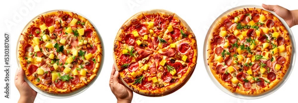 Fototapeta Hand holding Hawaiian pizza isolated on white transparent background. Concept of fast food and homemade pizza