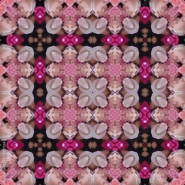 Fototapeta Seamless kaleidoscope floral pattern abstract arrangement of pink and white blossoms with magenta accents, creating a symmetrical and decorative design for fabric, wallpaper, and backgrounds