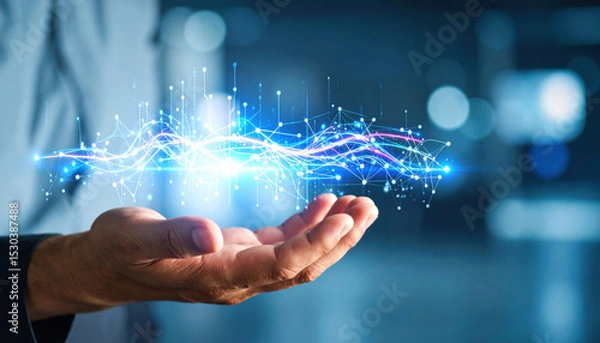 Obraz Human hand cradles vibrant, translucent hologram of interconnected data streams, symbolizing fusion of technology and creativity. scene evokes sense of wonder and innovation