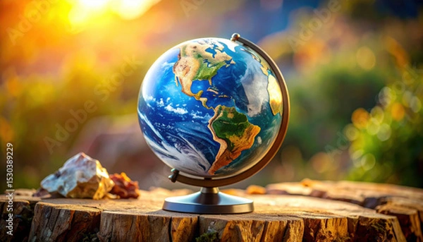 Obraz Stunning globe showcases Earth vibrant continents and oceans, resting on wooden stump amidst natural setting, evoking sense of wonder and exploration