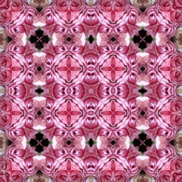 Fototapeta Seamless kaleidoscope floral pattern symmetrical arrangement of pink roses with dark accents, creating a mesmerizing and romantic design for fabric, wallpaper, and backgrounds