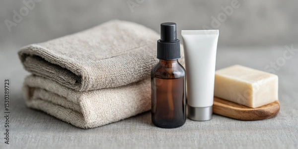 Fototapeta A set of bath essentials including two folded beige towels, a brown glass spray bottle, a white lotion tube, and a bar of soap on a wooden dish.