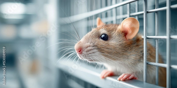 Fototapeta A close-up of a brown and white rat peeking through the bars of a metal cage in a softly lit environment.