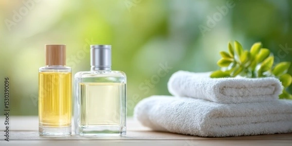 Fototapeta Two glass bottles with liquids and a stack of white towels topped with a small green plant on a wooden surface against a blurred natural background.