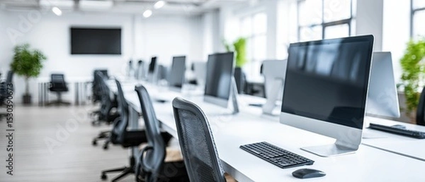 Obraz Row of computers on desks with rolling chairs in a modern office space