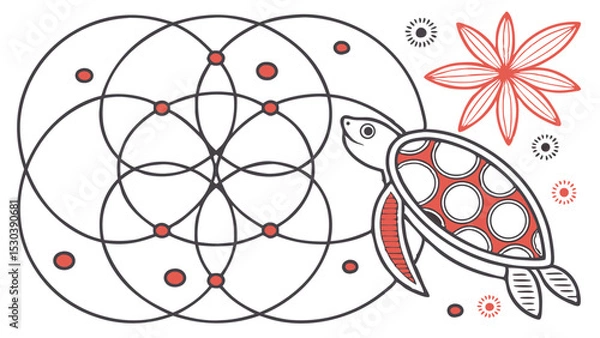 Fototapeta Abstract Artistic Turtle Illustration With Geometric Circle Patterns, Dots, And Red Flower Decorative Elements
