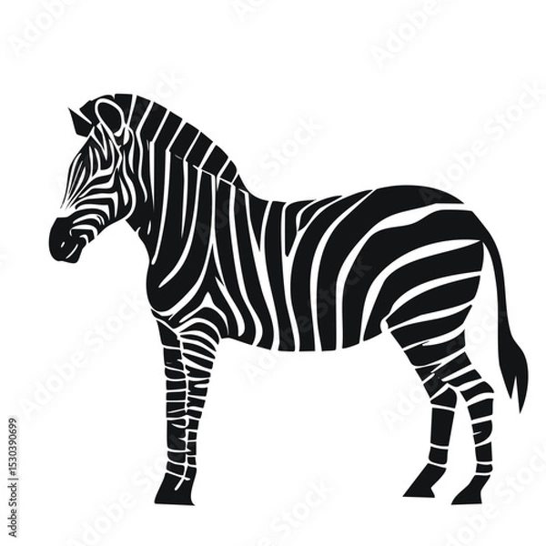 Fototapeta Black And White Silhouette Of Zebra Standing In Profile With Bold Stripes For Wildlife, Animal, And Nature Art