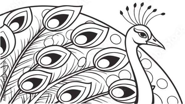 Fototapeta Artistic Peacock Illustration With Detailed Decorative Feathers And Elegant Black And White Pattern Design