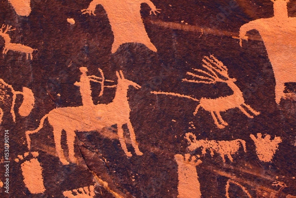 Obraz Petroglyph on Newspaper Rock in Utah depicting hunting on horseback