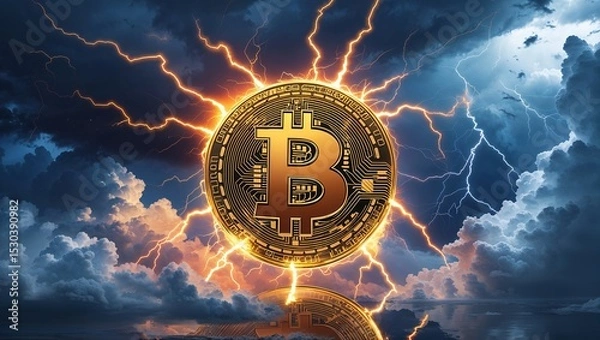Fototapeta Futuristic Bitcoin Coin Design Used for Online Transactions, Asset Exchange, and Global Economic Activity