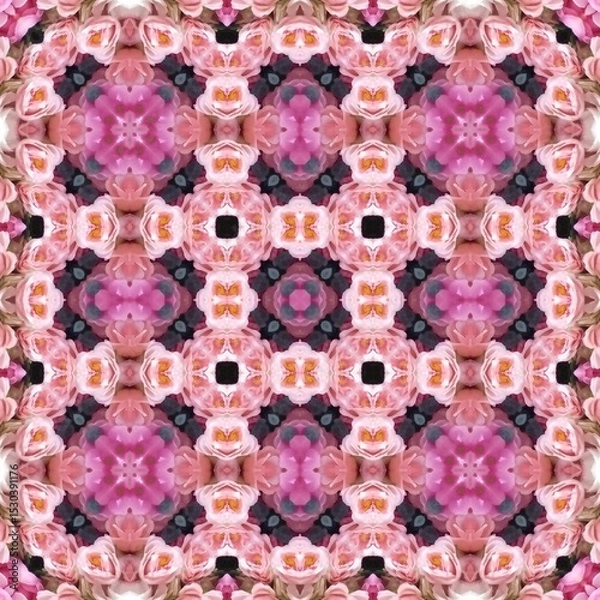 Fototapeta Seamless kaleidoscope floral pattern symmetrical arrangement of pink and peach roses with dark accents, creating a mesmerizing and romantic design for fabric, wallpaper, and backgrounds