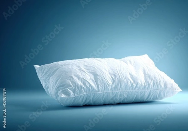Obraz Soft, fluffy white pillow resting on a blue surface with gentle lighting