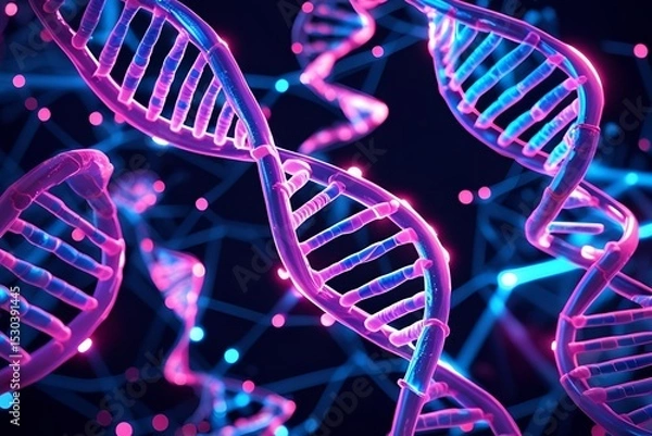 Fototapeta Digital DNA strands, scientific background, neon glow