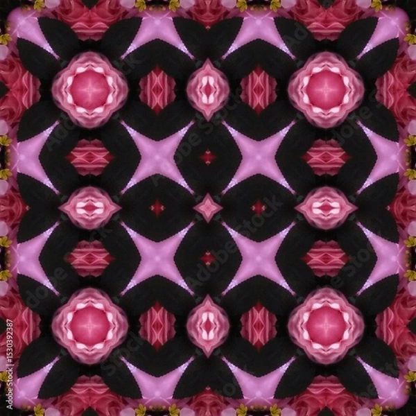 Fototapeta Seamless kaleidoscope floral pattern symmetrical arrangement of pink roses and dark leaves creates a mesmerizing, repeating design for fabric, wallpaper, and backgrounds