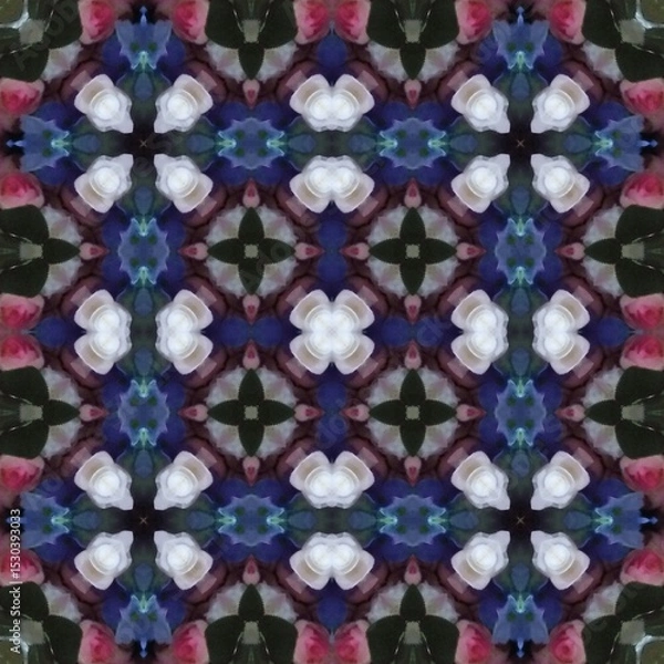 Fototapeta Seamless kaleidoscope floral pattern a mesmerizing dance of white roses, pink blossoms, and blue florets in a symmetrical, repeating design, design for fabric, wallpaper, and backgrounds
