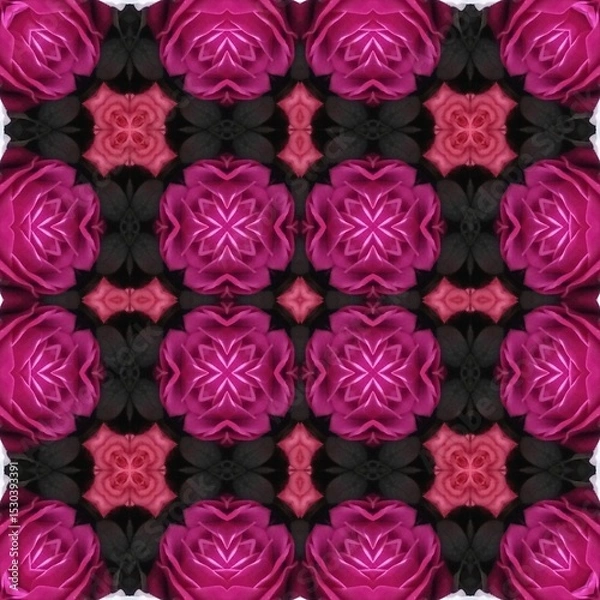Fototapeta Seamless kaleidoscope floral pattern symmetrical arrangement of vibrant magenta roses and dark foliage, creating an intricate and captivating design for fabric, wallpaper, and backgrounds