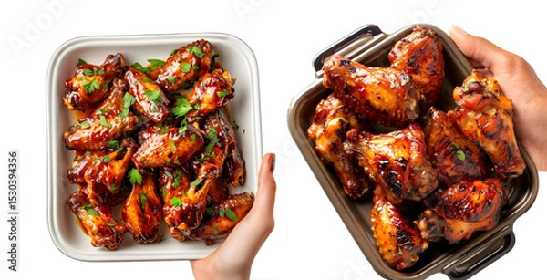 Fototapeta Hand holding crispy Ranch Hot chicken wings garnished with fresh cilantro, great for appetizers or main meals