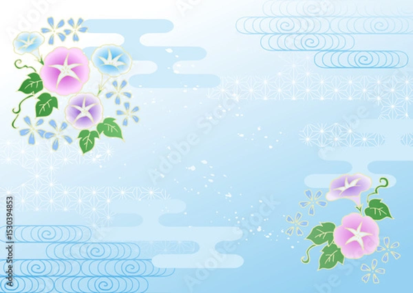 Obraz 日本の夏 和風の朝顔の背景ベクター素材（水色）