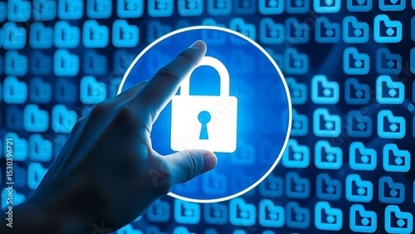 Obraz Hand Interacting with a Glowing Padlock Icon, Symbolizing Cyber Security, Data Protection, and Information Security in a Digital Environment