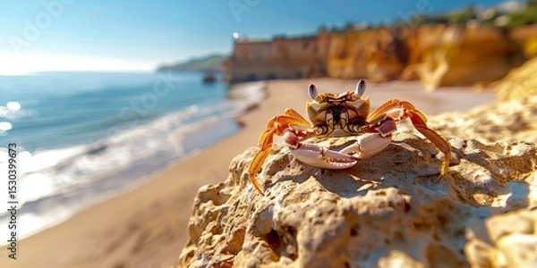 Fototapeta Crab enjoying sunny beach in algarve, portugal, with cliffs in background