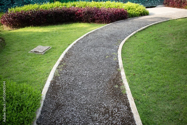 Fototapeta Walkway and landscape in garden, park. Also called path, footpath, pathway or asphalt floor. Include pit cover, natural plant, bush, lawn and grass. Landscaping decoration of outdoor.