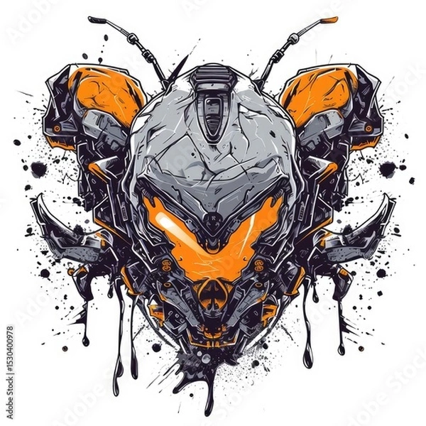 Fototapeta Futuristic robotic helmet with orange and grey accents, set against a backdrop of black ink splatters.