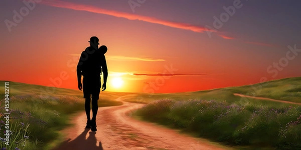 Fototapeta A silhouette of a person walking along a winding path at sunset