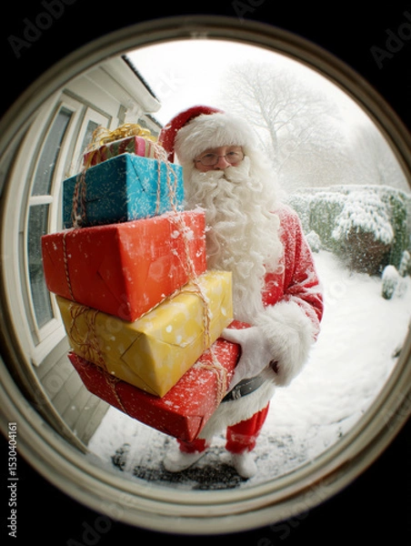 Obraz Santa Claus delivering colorful presents seen through a door peephole in a snowy winter scene