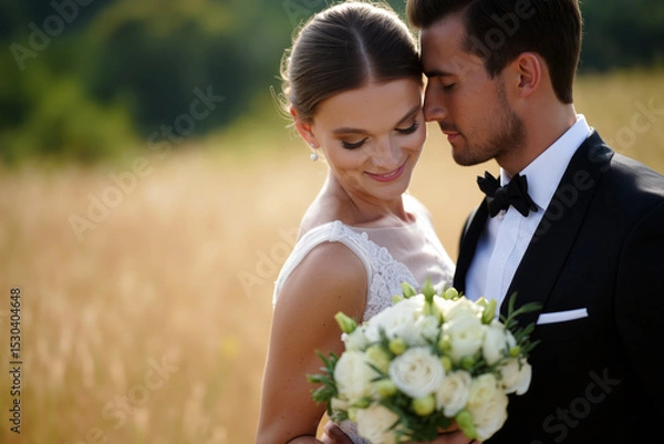Obraz A bride and groom embrace in a sunlit field filled with golden grass, radiating joy and love as they celebrate their wedding day together. Generative AI.