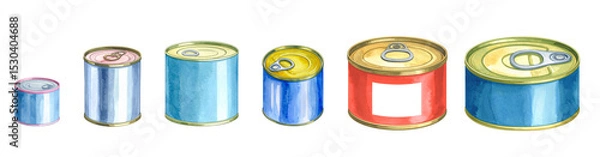 Obraz A colorful collection of various sizes of canned food products in a row.